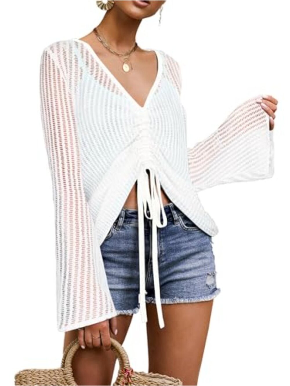 Women's Crochet Coverup V Neck Long Sleeve Bell Sleeve Tie Front Drawstring